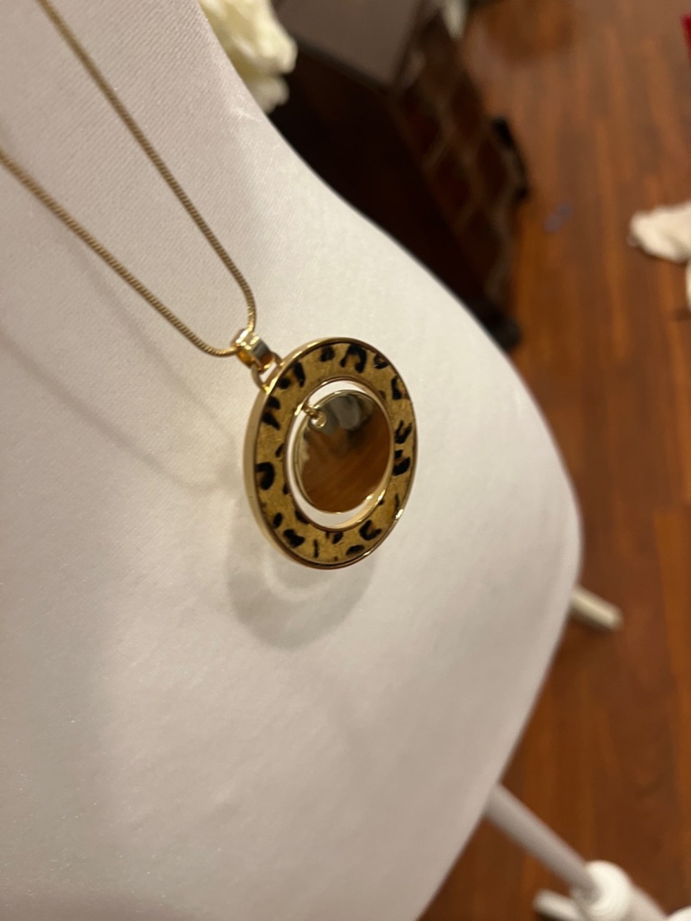 Nine West Gold Long Pendant Necklace with Leopard Ring Accent - Picture 4 of 7